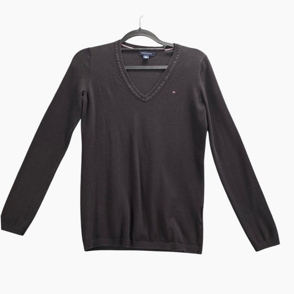 Tommy Hilfiger Womens Black V-Neck Knit Sweater Logo XS TP/XP Slim Fit Classic